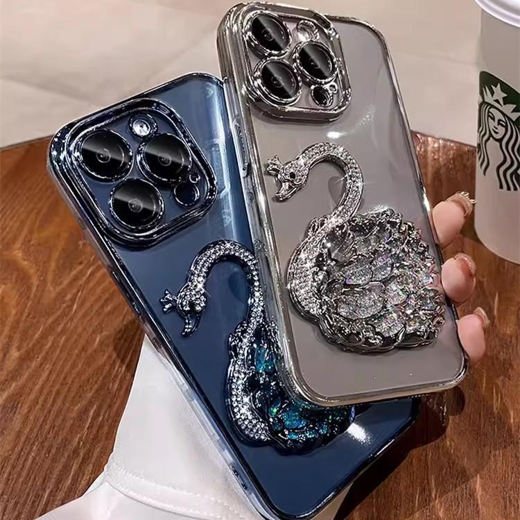 A Fully Transparent 14 Protective Case Suitable for IPhone16 Phone Cases, Featuring "Swan's Love" with Sand and Diamonds and "Apple 15pro"