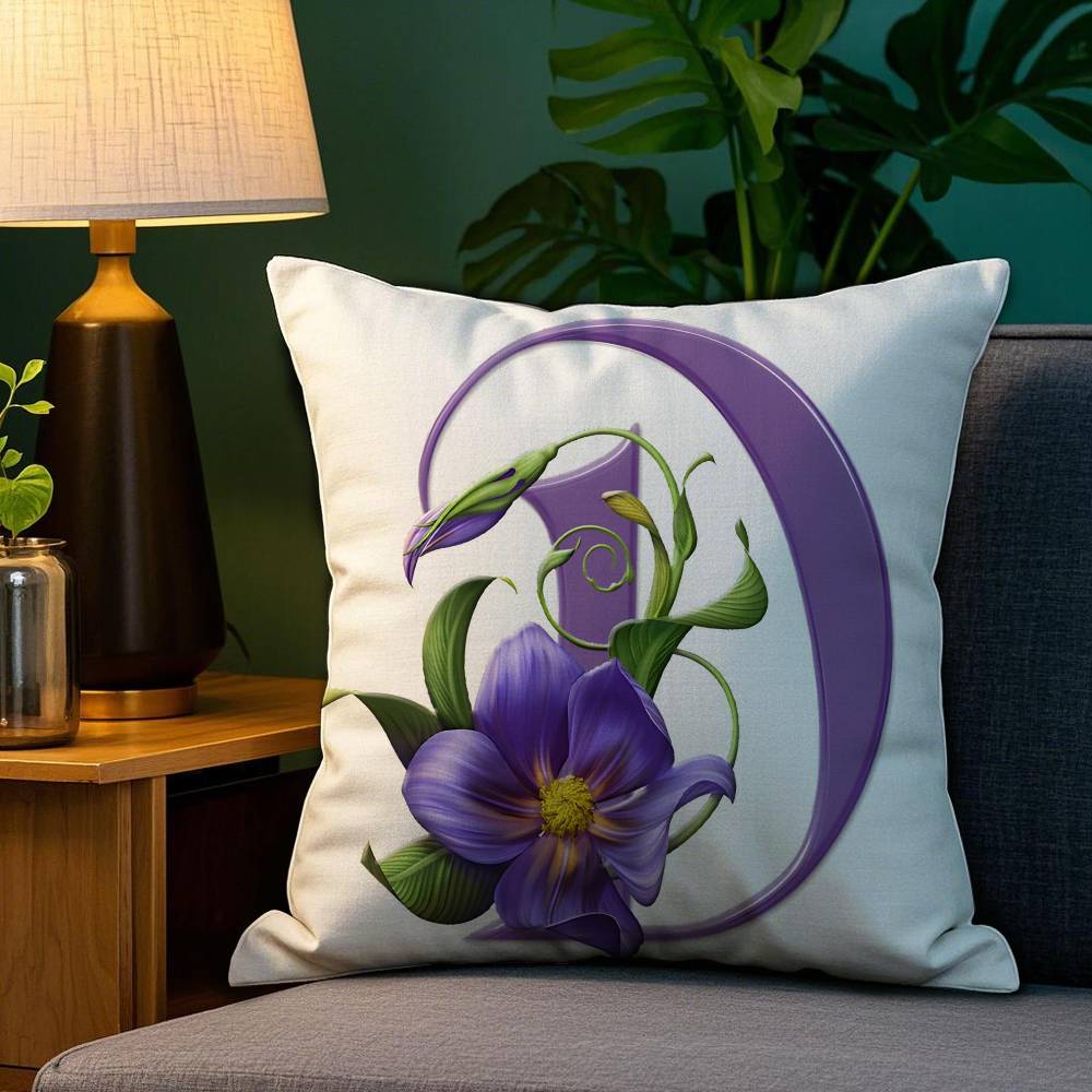 Simple Purple Flower Letters Pillow Case Plush Fabric Soft Double Sided Print Sofa Cushion Cover Throw Pillow Covers