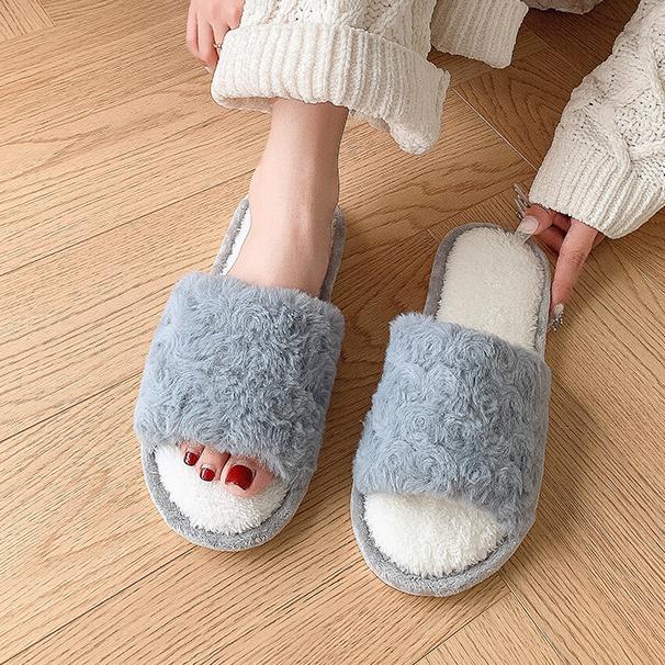 Women's Solid Color Rose Velvet Open Cotton Slippers for Winter Home Couples, Fuzzy Slippers for Warmth and Anti Slip, Thick Bottom Cotton Slippers