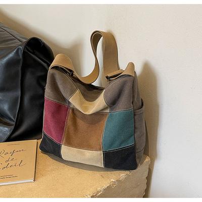New Color Matching Tote Bag, Japanese and Korean Shoulder Messenger Bag, Retro Student Make-up Bag, Large-capacity Canvas Bag