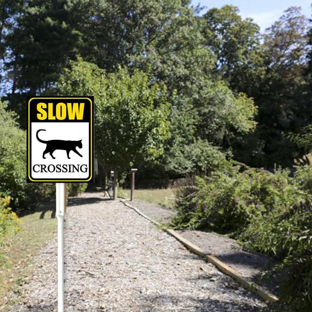 Bidesign (8X12) IN Slow Down Cat Crossing Yard Sign With Stake Warning Slow Lawn Sign Stand For Traffic Rustproof Aluminum For Home Street
