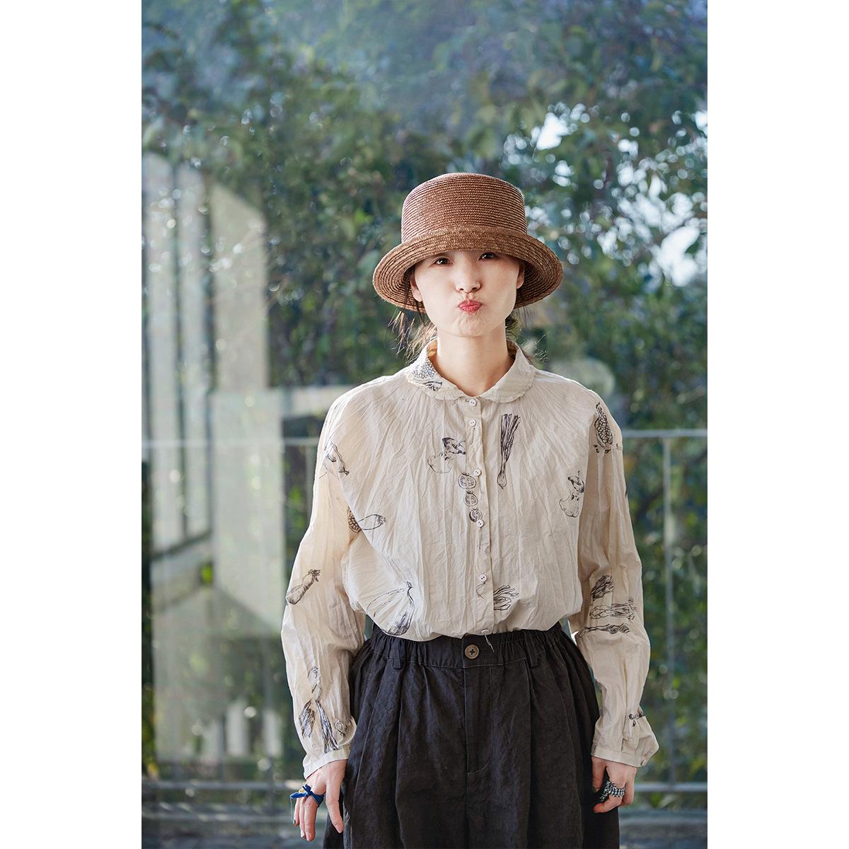 

Spring-Summer Retro Black & White Plant Print Pure Cotton Loose Shirt for Women L
