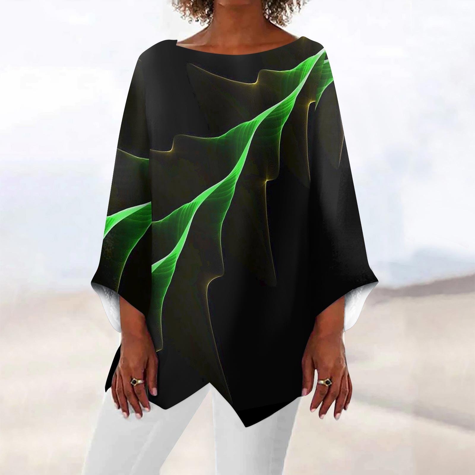 

Women s Fashion Retro Print Round Neck Nine Quarter Sleeve Irregular Hem T-shirt Top XXL зелёный