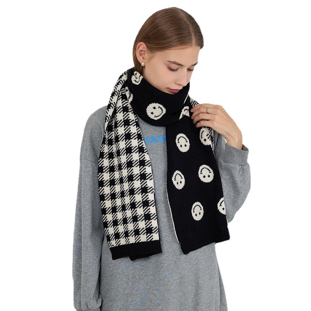 Smiley plaid knitted scarf women's winter new warm versatile thick wool scarf