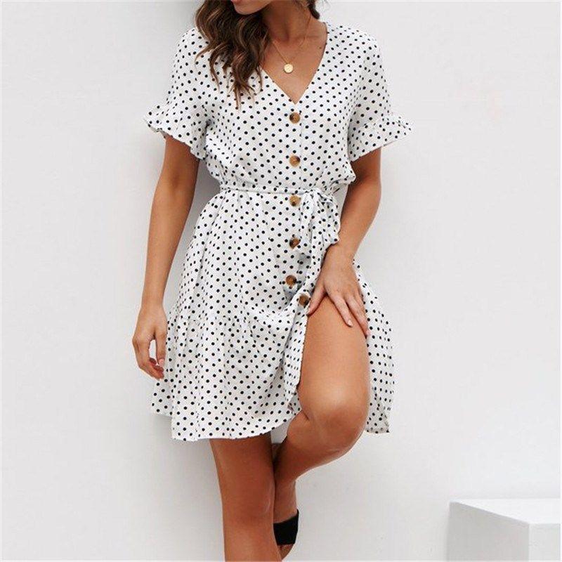 

New Ladies Summer Chiffon Skirt Women Wave Point Shirt Dress White XL