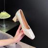 Ballet Style Pleated Soft Leather Thick Heel High Heels Are Not Tired Feet 2025 New Square Head Grandma Shoes Medium Heel Shallow Mouth Single Shoes