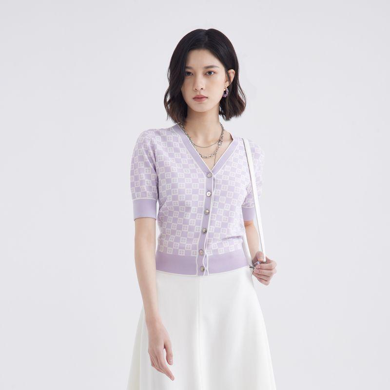 

Obeg Chessboard Grid Spring/Summer V Neck Slim-Fit Knitted Cardigan Shallow purple lattice 160/S/36