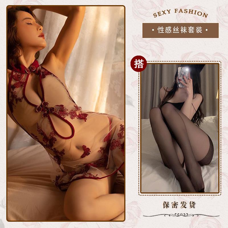 Cheongsam uniform transparent sexy embroidered nightdress mesh seduction teasing lingerie