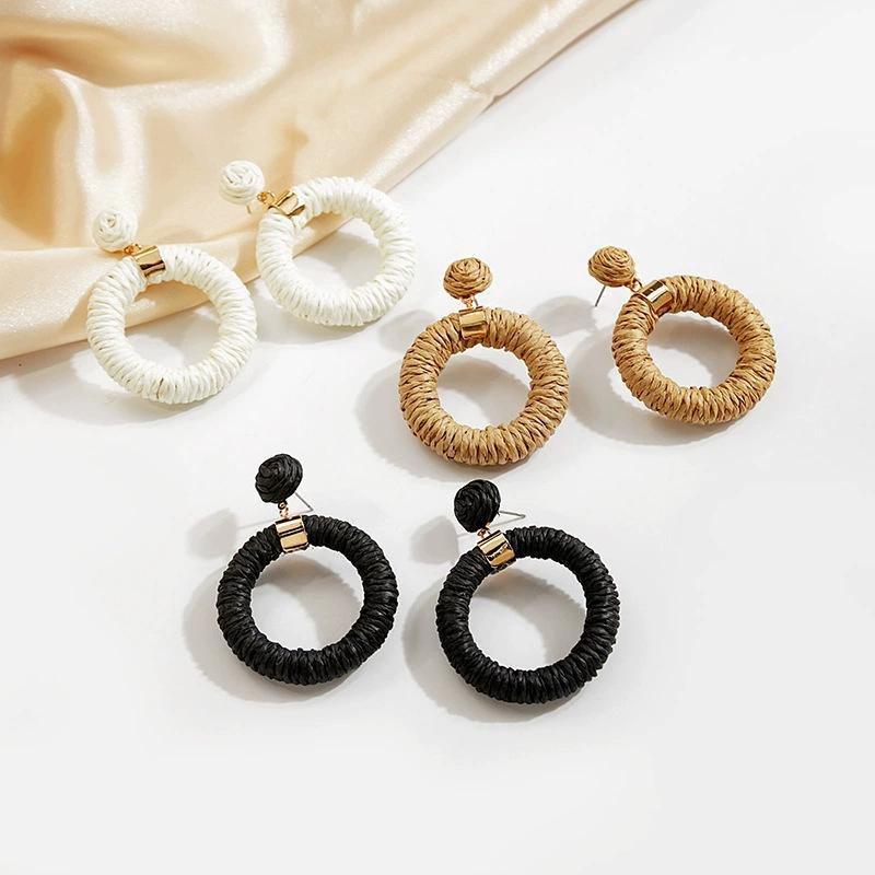 Simple Niche Design Earrings, Beach Vacation Wind Woven Earrings, Straw Woven Hollow Round Exaggerated Personalized Earrings