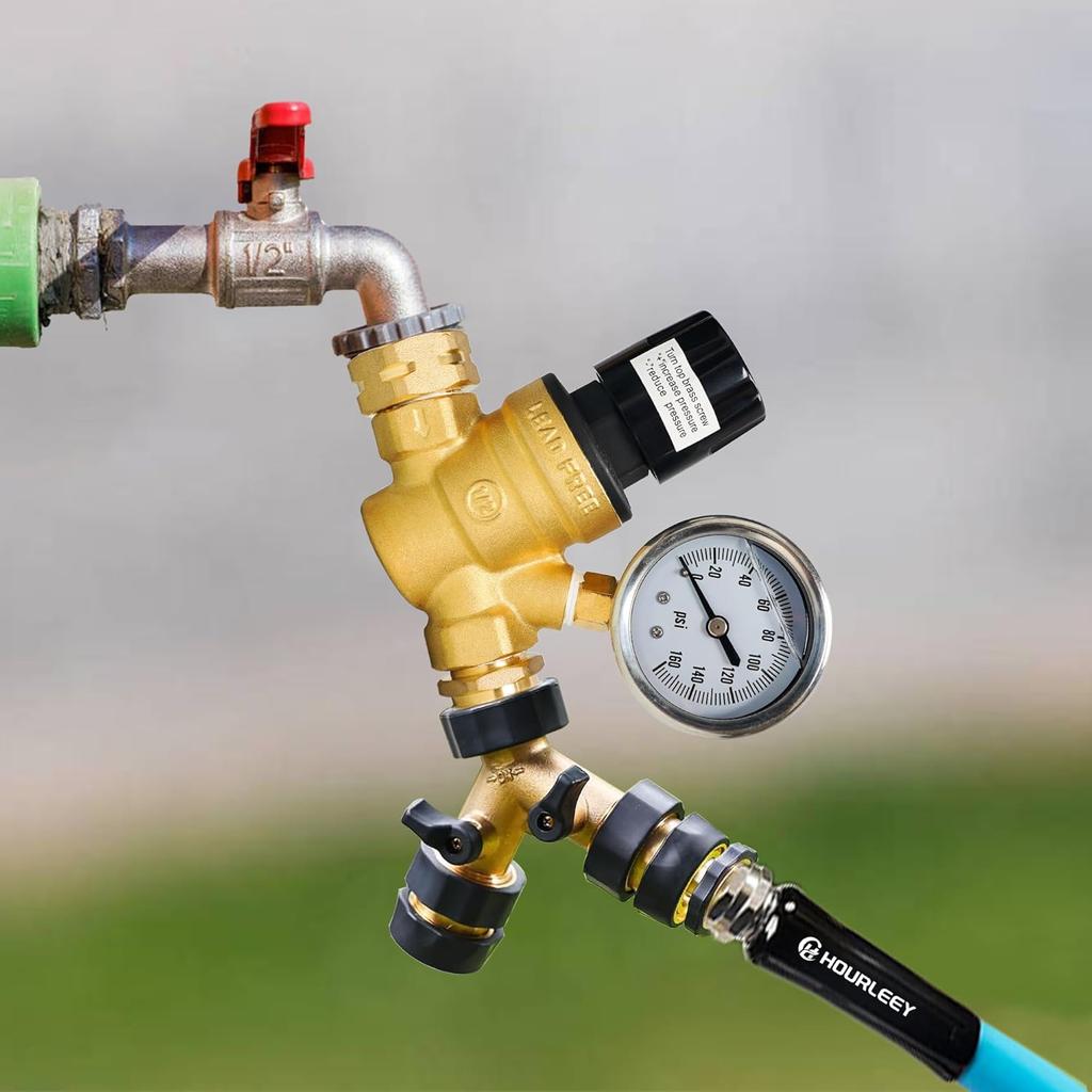 Hourleey RV Water Pressure Regulator, Adjustable Handle Brass Water Pressure Regulator, Water Pressure Reducer with Gauge and Inlet Screened Filter