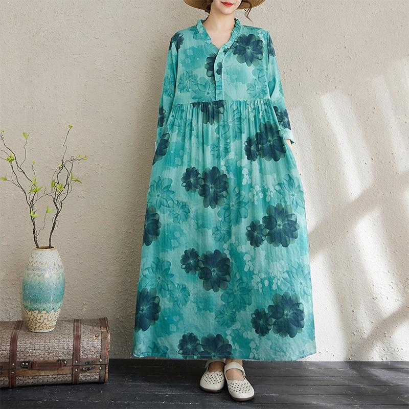 

Long sleeve plus size cotton vintage floral new in dresses for women casual loose spring autumn dress L