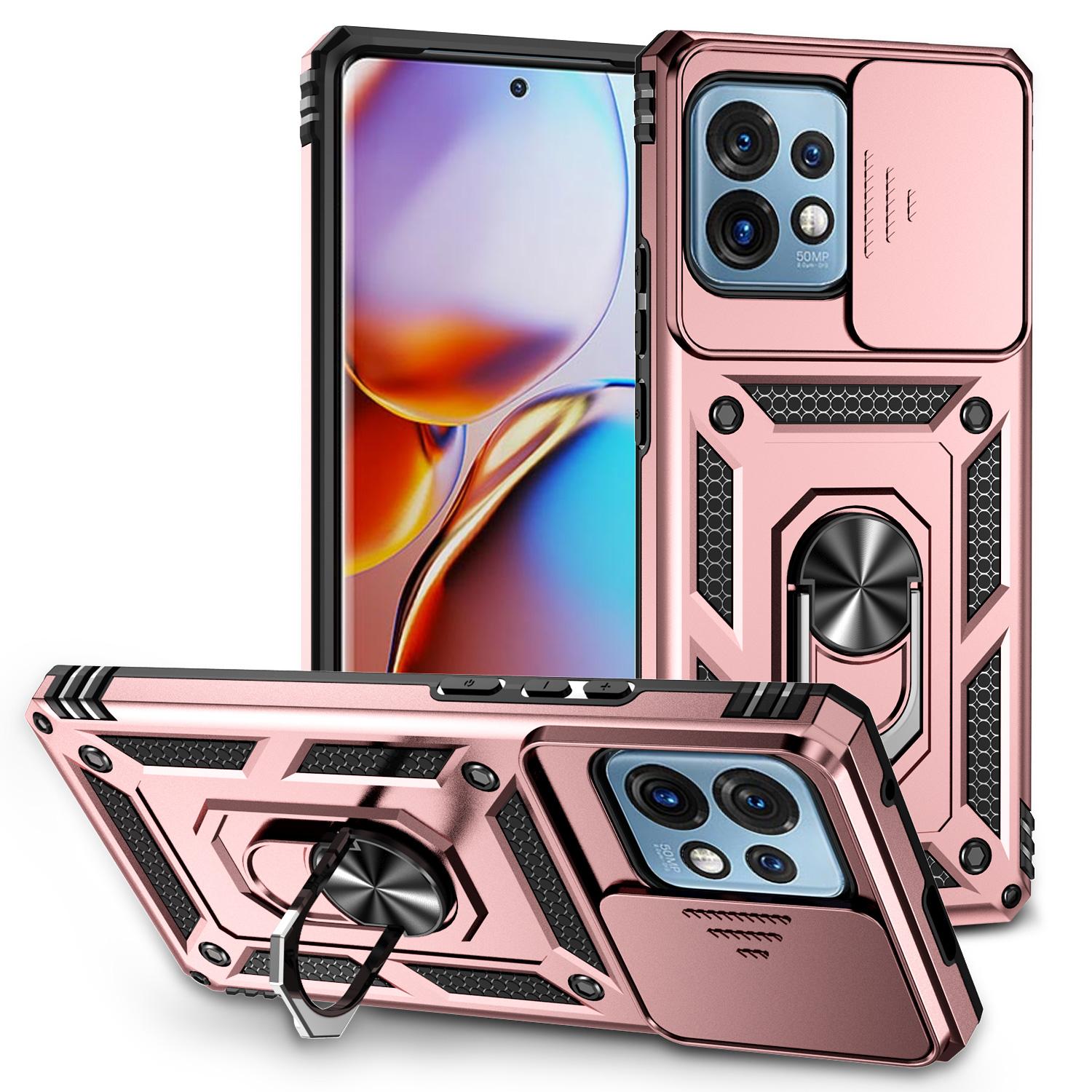 

For Motorola Moto X40 Pro/Edge+ (2023) Case Ring Kickstand PC+TPU Phone Protector with Slide Camera Cover Rose Gold