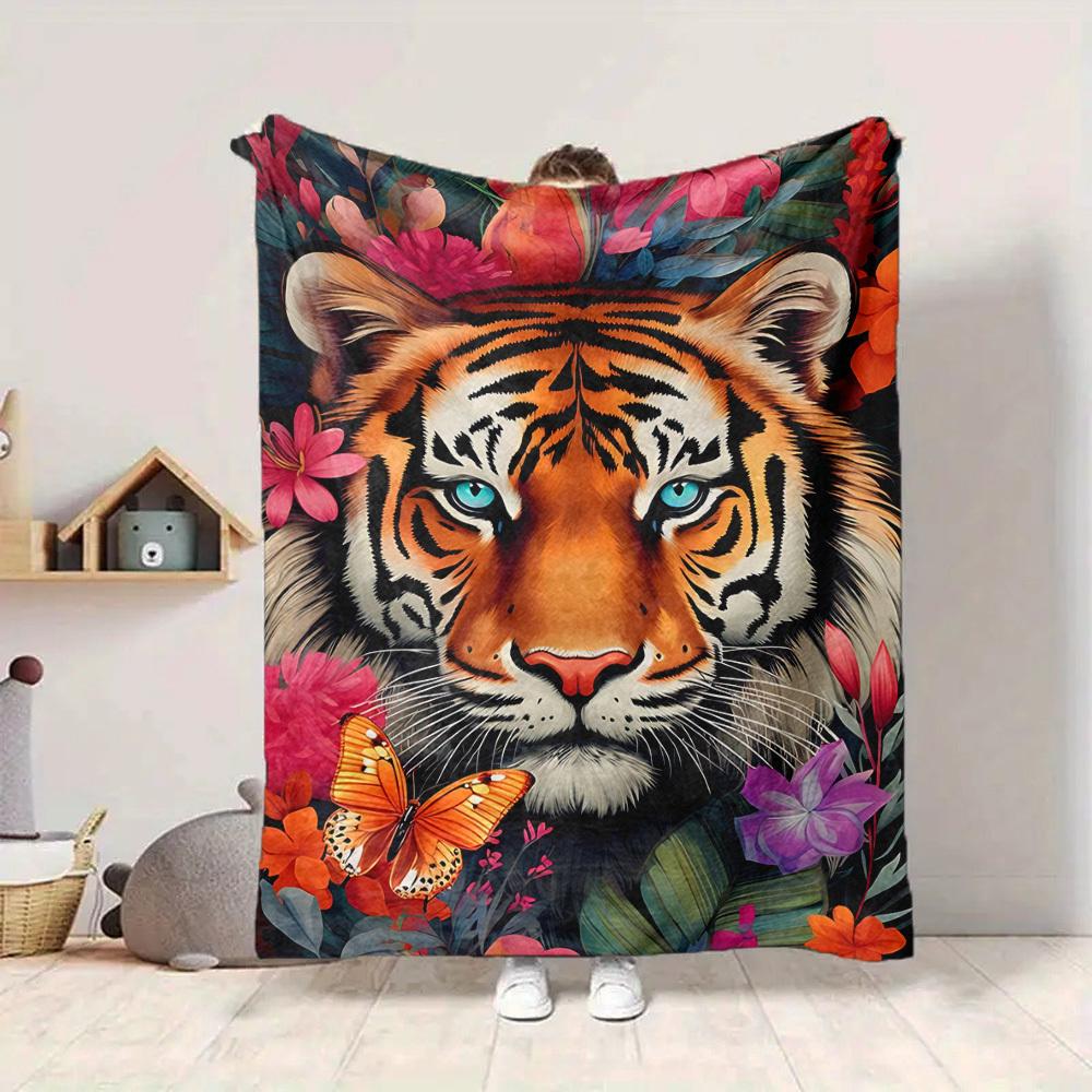 1PC Tiger Floral Print Blanket, Throw For Sofa, Bed, Travel, Camping, Livingroom, And Bed, Printing Blanket With Soft And Warm Fabric Yy250918136