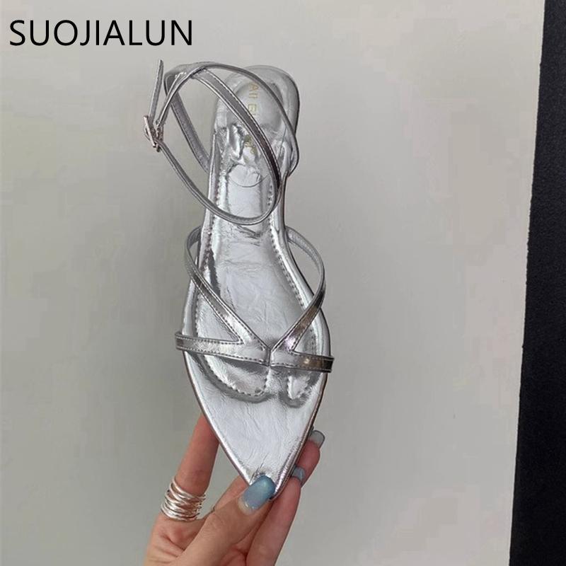Fashion SUOJIALUN 2025 Summer New Brand Women Sandal Fashion Narrow Band Ladies Elegant Gladiator Shoes Square Low Heel Slides Shoes