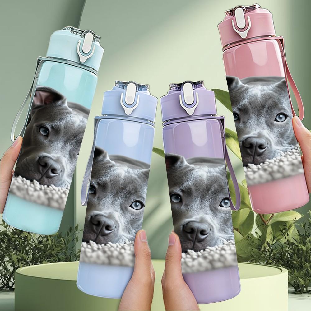 1PC Grey Dog Rest On Blanket Print 750ml Color Plastic Sports Water Bottle Leakproof Flip Straw Lid Suitable for Sports Office Home Use