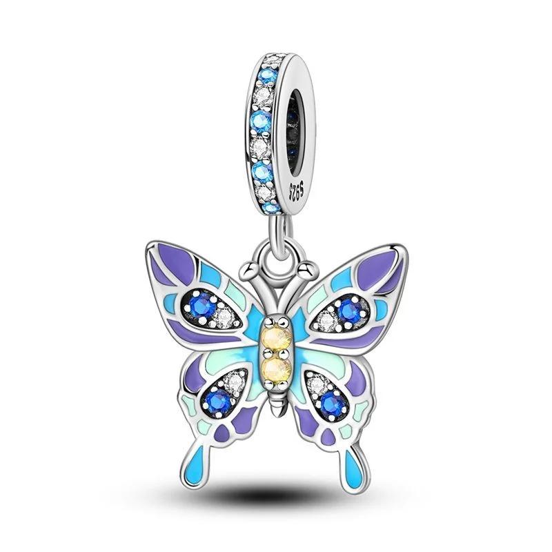 Fashion 925 Silver Colorful Butterfly Sparkling Beads Charms for DIY Bracelet Necklace Jewelry Making Gift