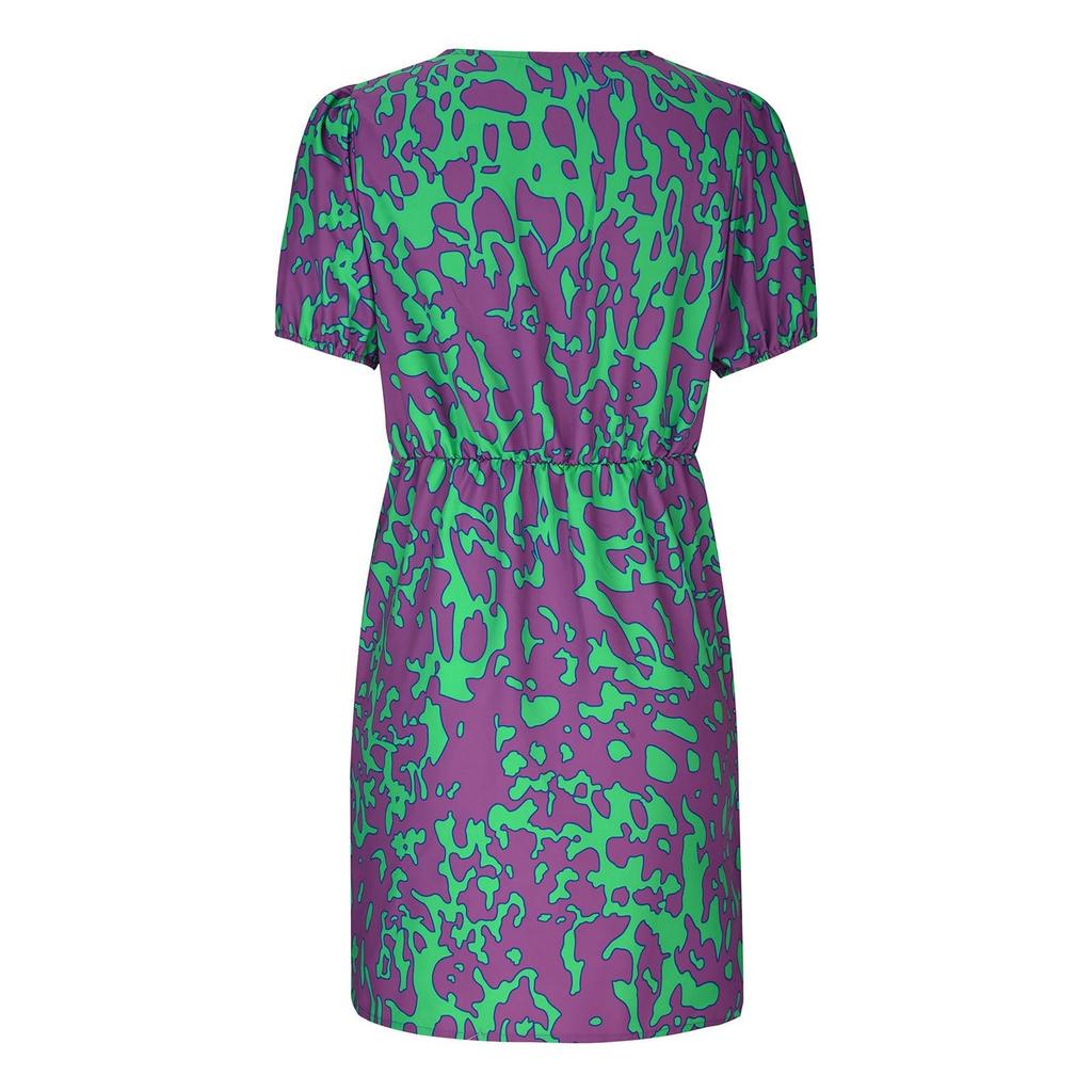 Damen Kurz Sommerkleider Lässig Bemalte Drucke Puffärmel Wickel V-Ausschnitt Kleid Hohe Taille Trendiger Druck Wickel Saum Strandkleid
