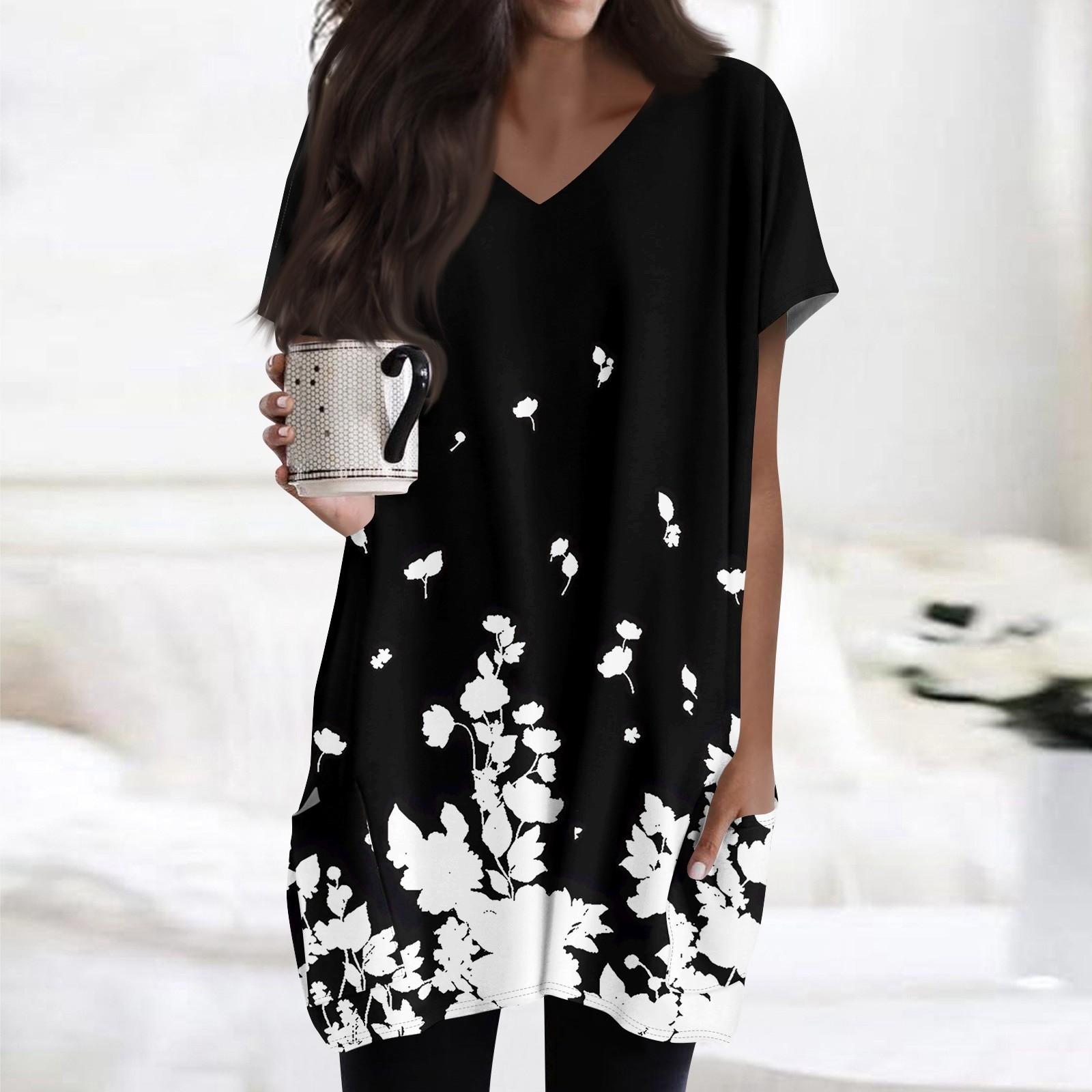 

Женские топы с V-образным вырезом, блузки с коротким рукавом, повседневные рубашки средней длины, модные туники с принтом и карманами XXXL