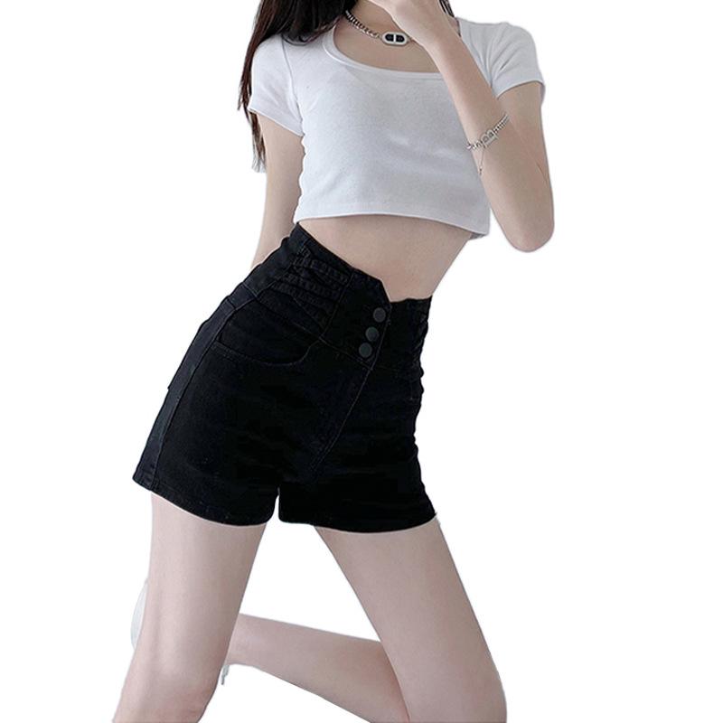 Women's Super High Waist Black Denim Shorts - Tummy Control, Elastic, A-Line, Wide Leg, Buttoned, Summer Wear
