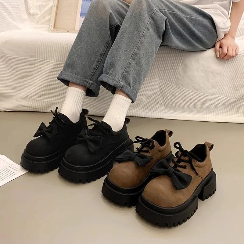 Shoes for Women Round Toe Casual Solid Color Pumps Comfort Chunky Heels Retro Lace Up Women's Platform Shoes Zapatos De Mujer