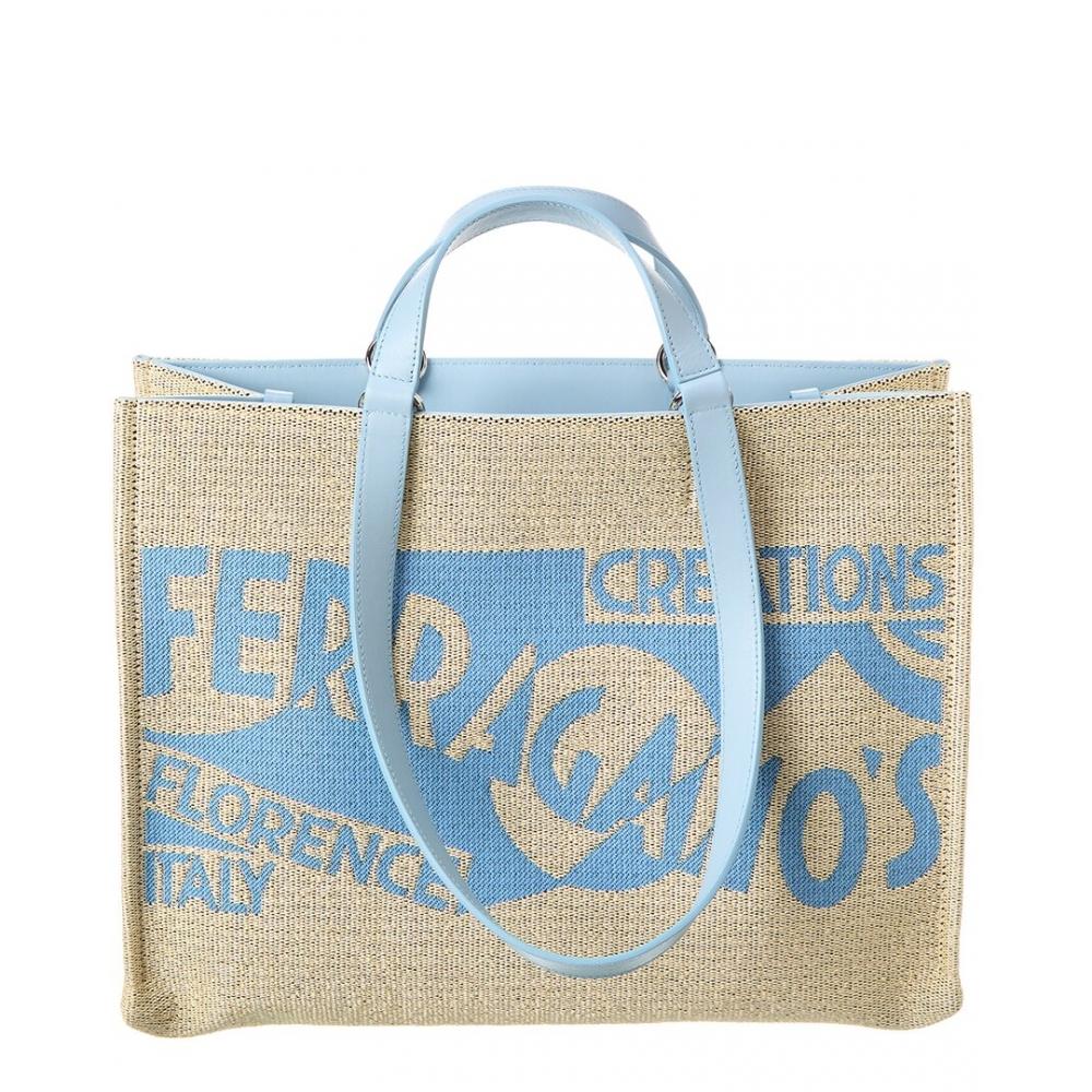 

Salvatore Ferragamo Ferragamo Logo Medium Canvas Leather Tote Beige Large