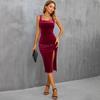 Women's 2024 Velvet Red Slit Bodycon Dress with Square Neck and Spaghetti Straps for Parties and Festivals