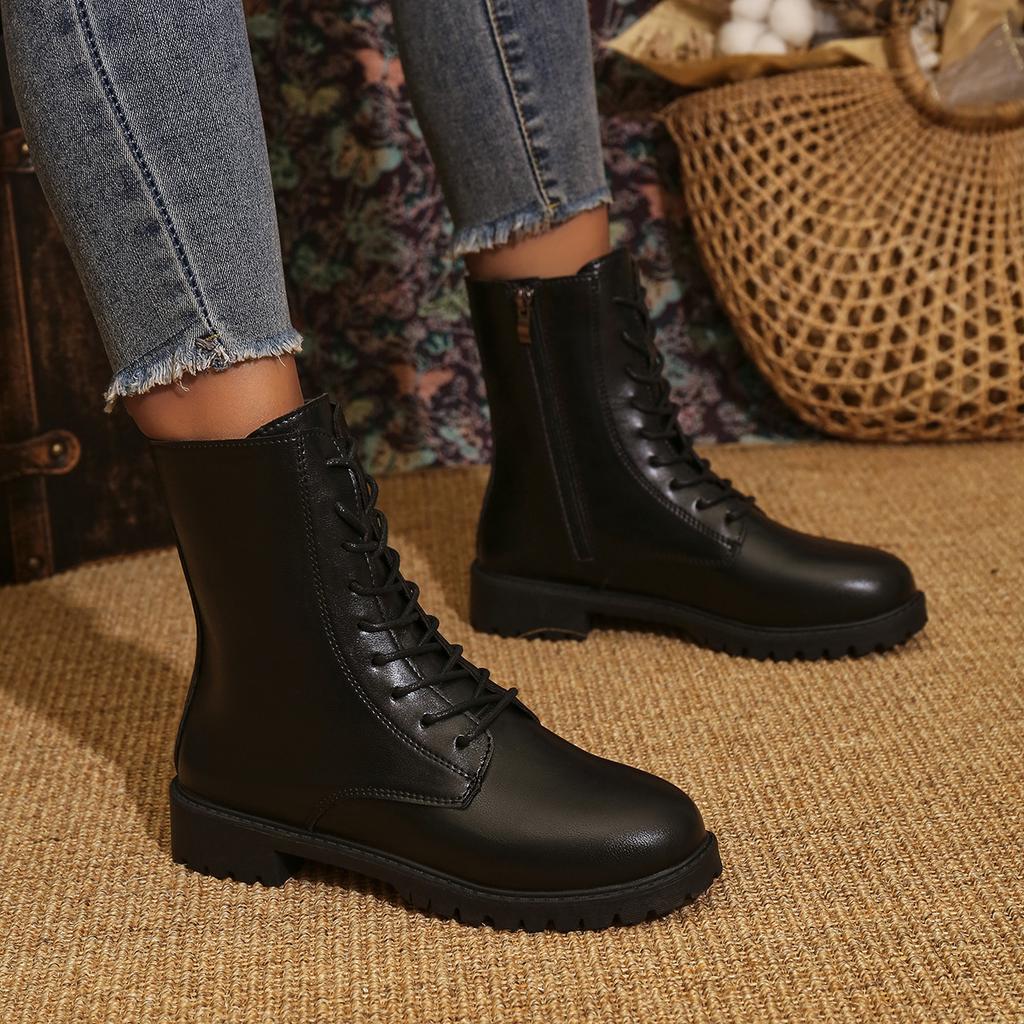 Foreign Trade Large Size Round Head Thick Sole 2025 New Lace-up Short Tube European and American Style Fashion Women's Martin Boots