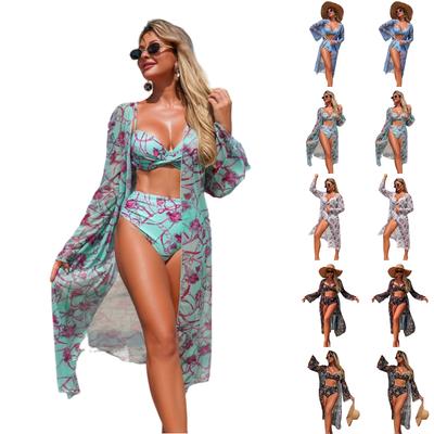 Women's Sheer Mesh Cover Up Three Piece Bikini Set Swimsuit High Waist Bottoms Long Sleeve Cardigan Beachwear Swimwear