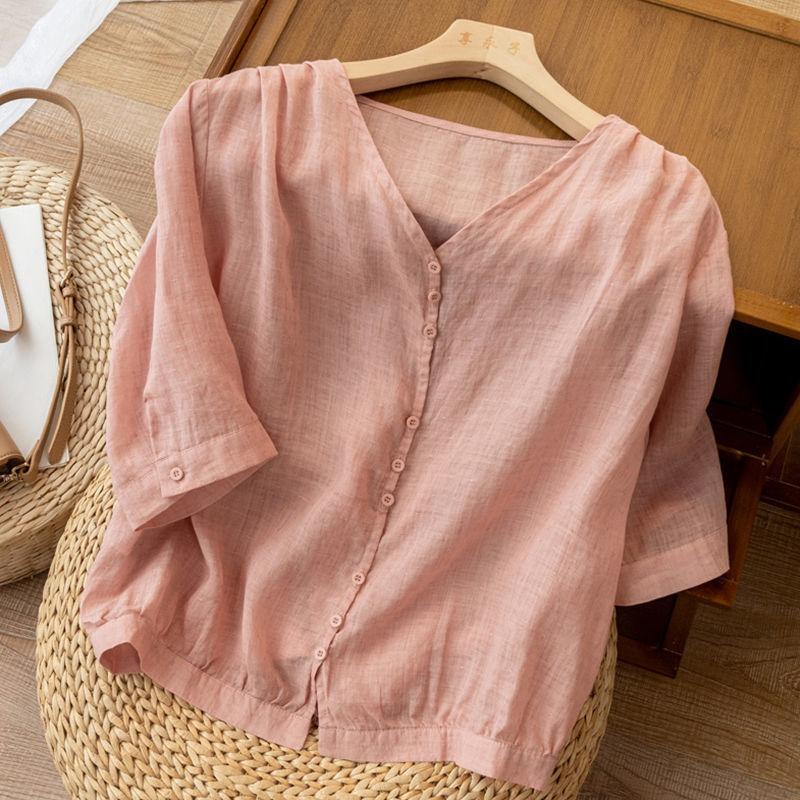 Three-quarter Sleeve Cotton and Linen Tops, Autumn Thin Breathable Shirts, Spring and Summer Retro Style Short Tops