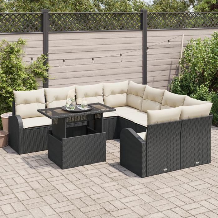 VidaXL Ensemble de Canapés de Jardin de 9 Pièces avec Coussins Noir Poly Rattan 3348613