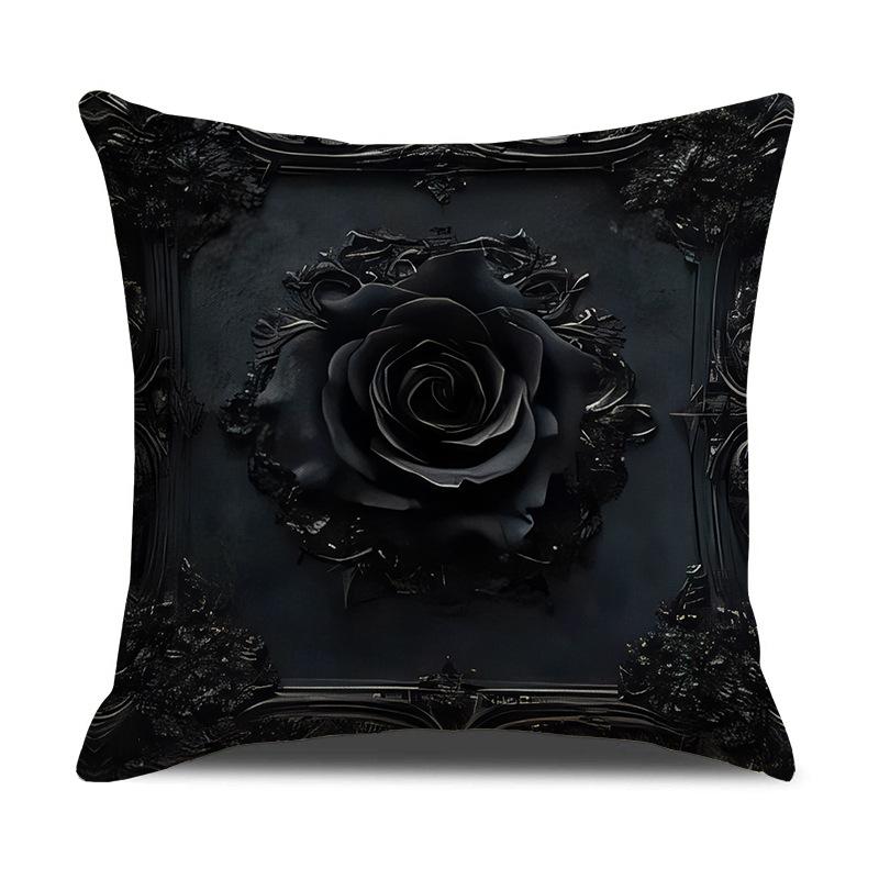 Home Black and White Rose Print Linen Pillow Cover Halloween Sofa Living Room Decoration Cushion Cushion