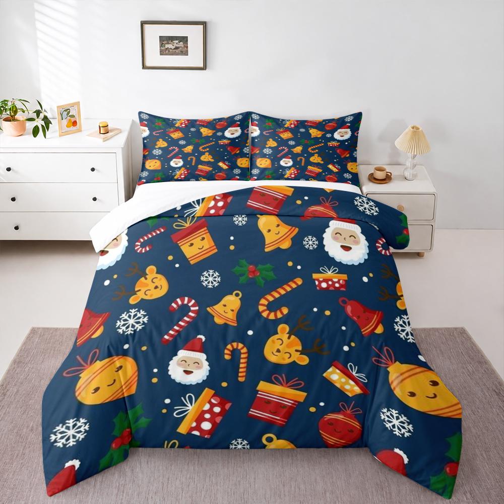 Cute Cartoon Santa Reindeer Christmas Bedding set (1 duvet cover, 2 pillowcases, duvet not included), Navy Blue Kawaii Art Print
