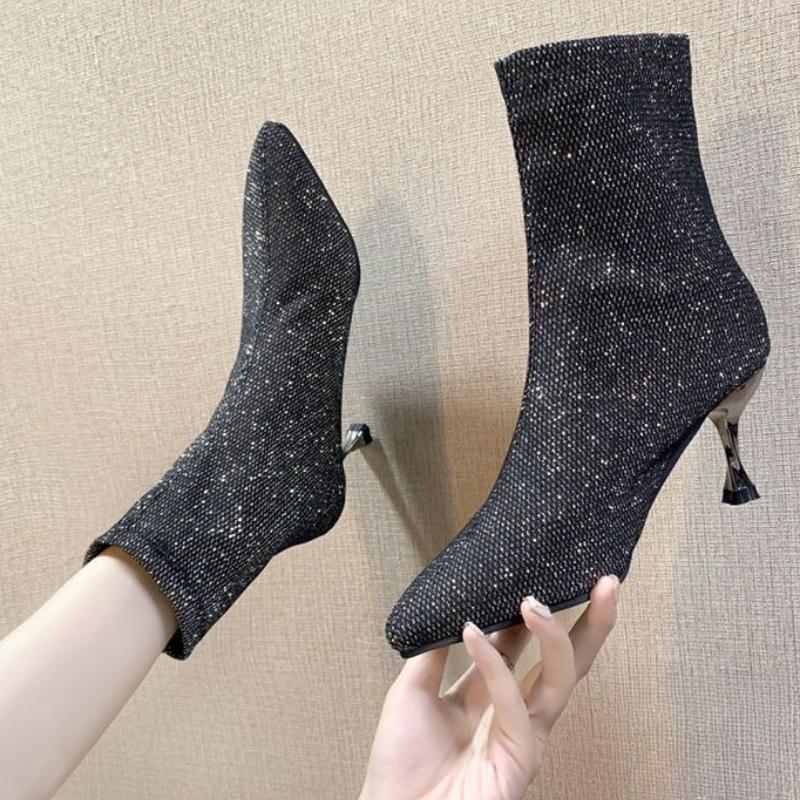 Fashion Women's Ankle Boots Sequin Pointed Toe Silver Pu Hot Booties Comfortable and Elegant On Offer Footwear Boot Female Short Shoes