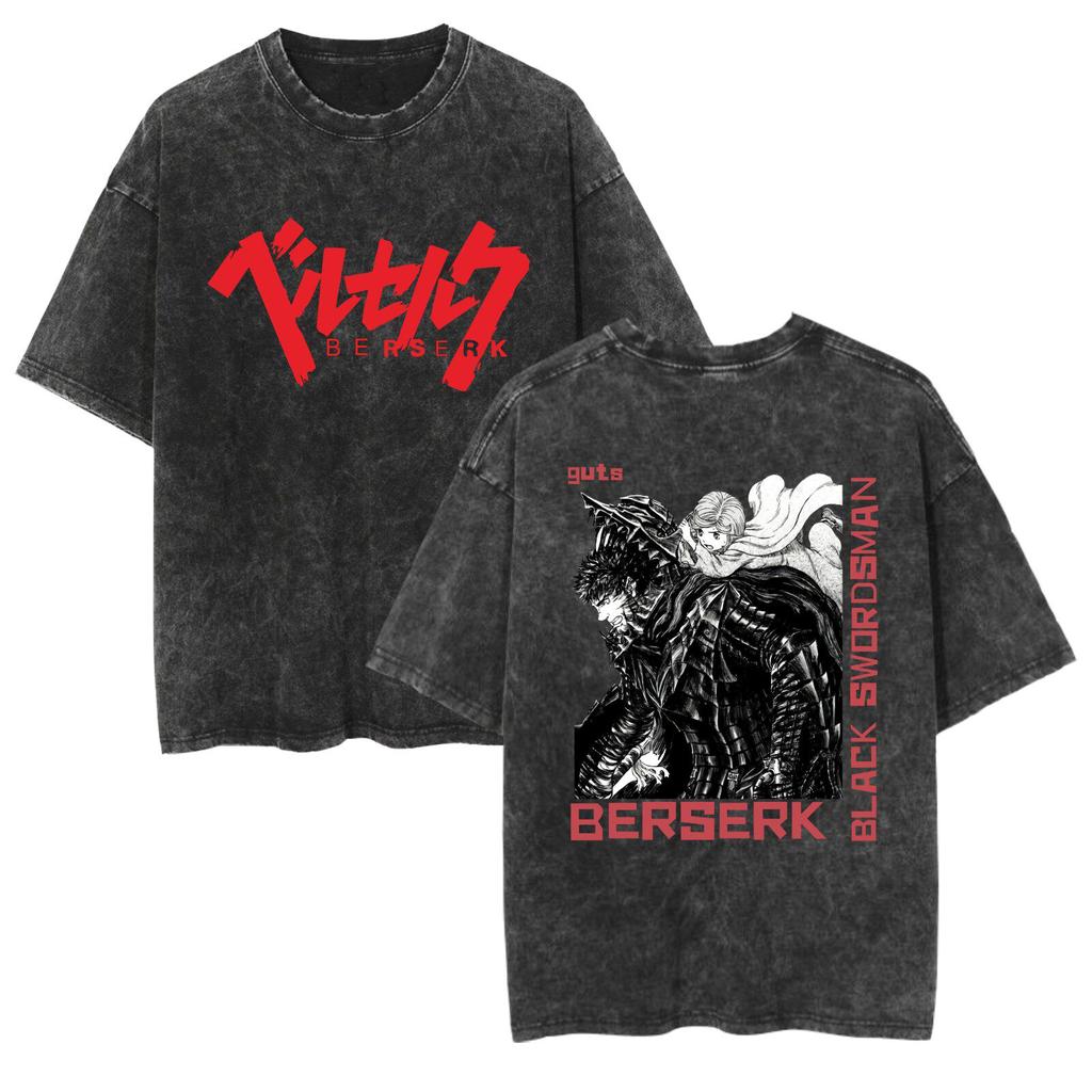 Fit Summer Berserk Stained Leather Washed Vintage Short Sleeve Tshirt Warrior Shirt Retro High Street Loose Cotton Top