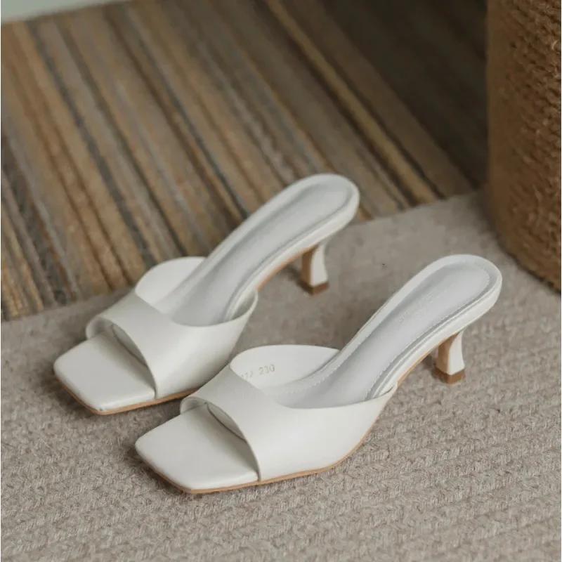 Sandali Pantofole Estive da Donna in Pelle con Tacco Sottile Francese Sandali da Donna Pantofola Dolce a Punta Tonda Scarpe da Donna