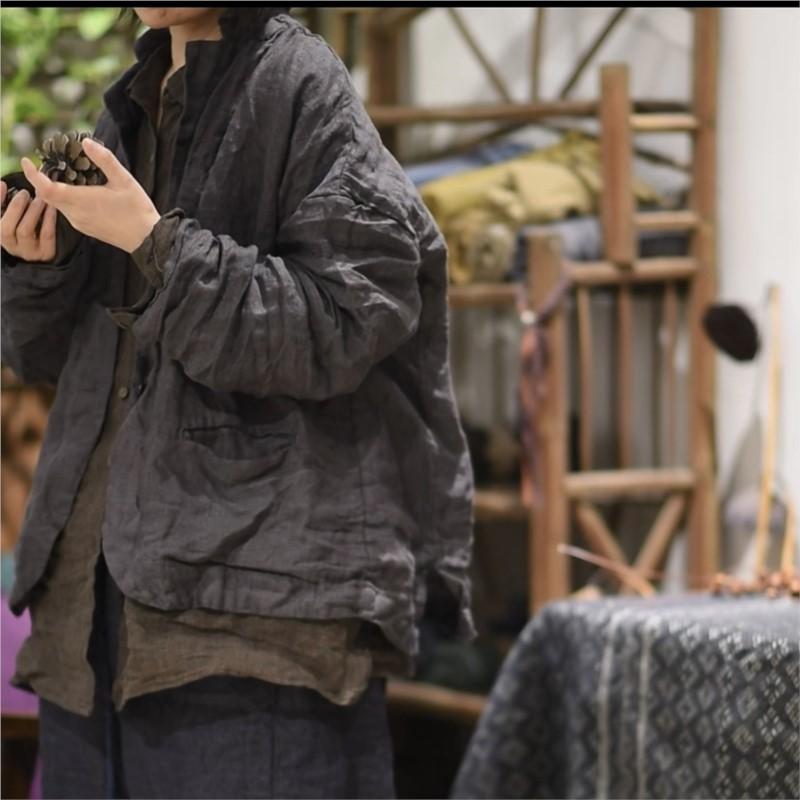 Johnature Women Vintage Jackets Solid Color Turn Down Collar Long Sleeve Coats Button Pockets Coat