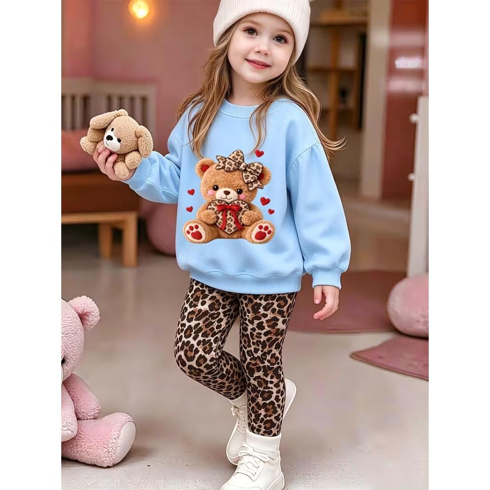 Girls' Bow Bear Casual Comfortable Soft Loose Pullover Sweatshirt and Leggings 2-Piece Set, New Autumn/Winter, Playful, Sweet and Cool Style