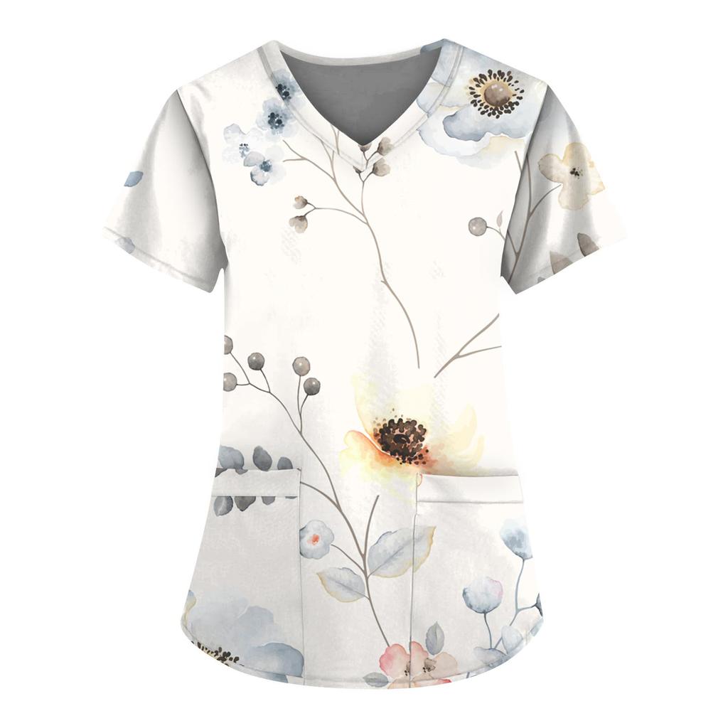 Women's Floral Printing Short Sleeve V-neck Tops Working Uniform Pocket Blouse