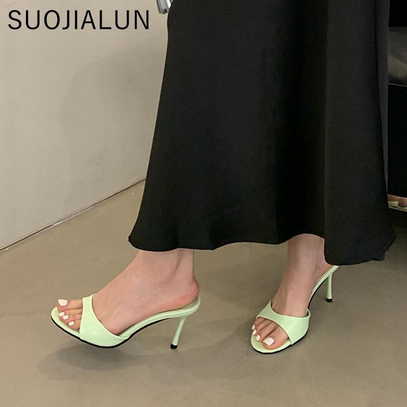 Fashion SUOJIALUN 2025 Summer New Brand Women Slipper Fashion Open Toe Slip On Slides Ladies Elegant Thin High Heel Dress Pumps Slides