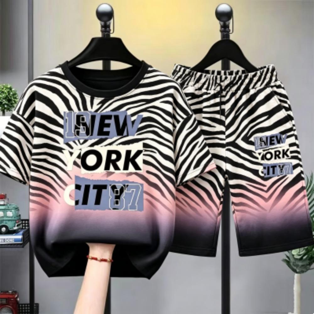 

Personalized Colorful Stripes Letter Printed Men s T-shirt and Shorts 2 Piece Set Summer Casual Outfit for Men s and Women s T-shirt Set XXS