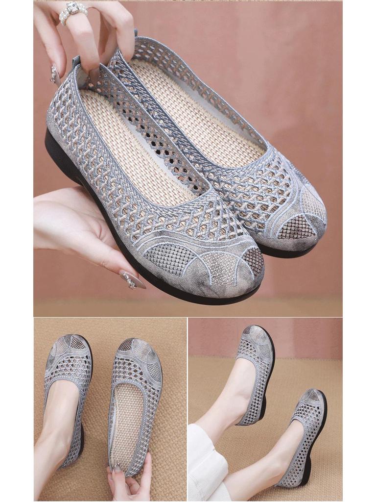 Damskie lekkie letnie buty z siateczki - Wygodne i oddychające płaskie sneakersy dla kobiet w średnim wieku i starszych w stylu Starego Pekinu