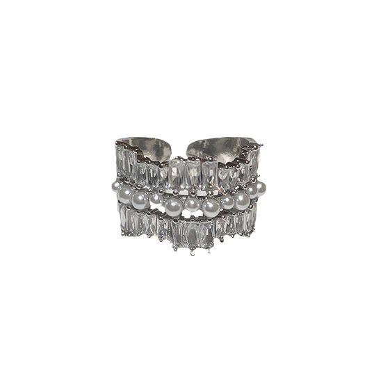 18K Gold Plated Pearl & Diamond Open Ring: High-End Fashion Jewelry for Women