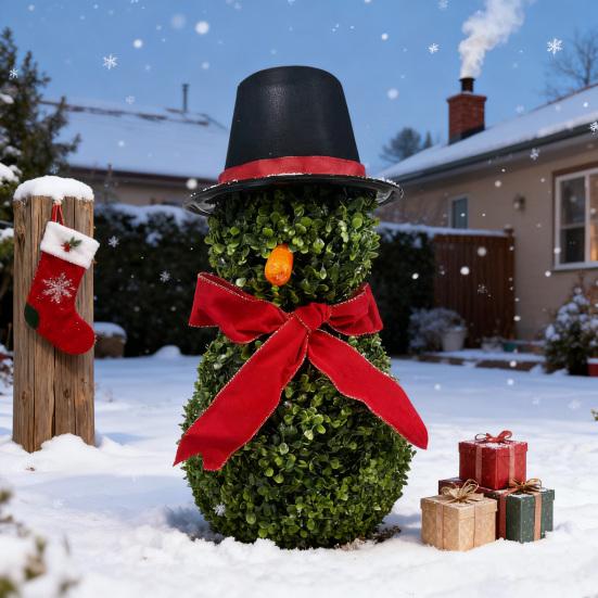 Vánoční Sněhulák Topiary Umělý Sněhulák ve tvaru Topiary Strom s Mašlí a Kloboukem Venkovní Zimostráz Topiary s Kolíkem pro Domácí Výzdobu Verandy