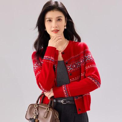 Jinjv Women's 100% Lambswool Retro Striped Jacquard Cardigan