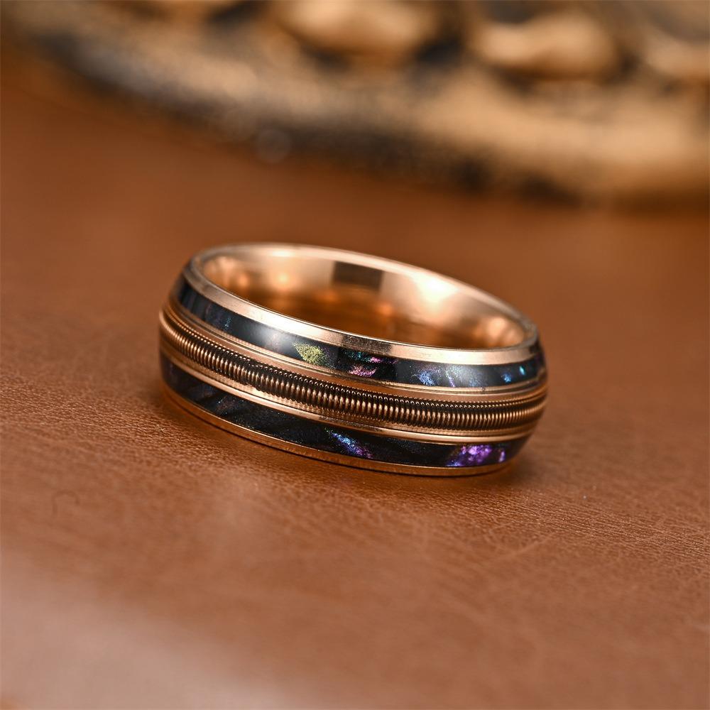 8mm Rose Gold Color Stainless Steel Guitar string Rings for Men Inlay Colorful Abalone Rings Wedding Band Jewelry Gifts