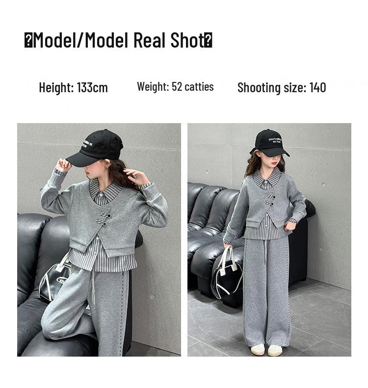 Girls' 2025 Fleece-Lined Set: Trendy Two-Piece Striped Top & Casual Pants for Autumn/Winter