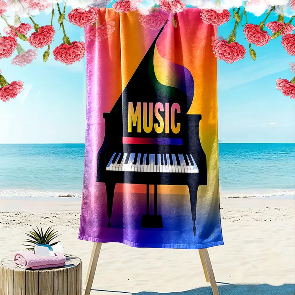 Colorful Piano with "MUSIC" Text Patterned Beach Towel Quick Dry Perfect for Travel Outdoor Sports Jogging the Beach and Swimming