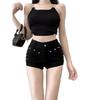 Women's Spicy Black Rivet Denim Ultra-Shorts - Stretchy Low-Waist Slimming Hot Pants