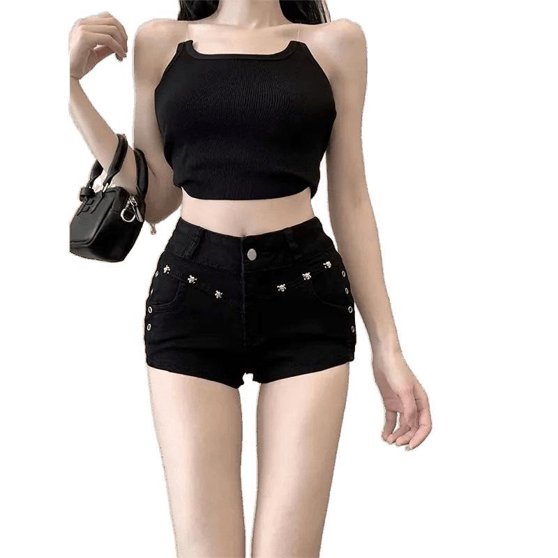 Women's Spicy Black Rivet Denim Ultra-Shorts - Stretchy Low-Waist Slimming Hot Pants