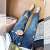 Spring and summer large size rough edge straight pants ripped fat mm versatile jeans women's high waist and thin wide leg cropped pants